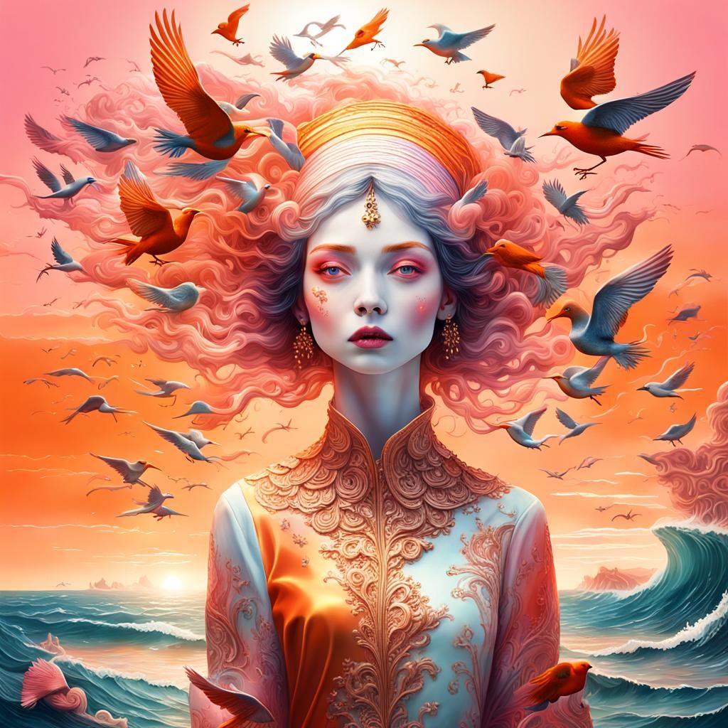 Surreal Sunset: Birds in Golden Light, 3D Render