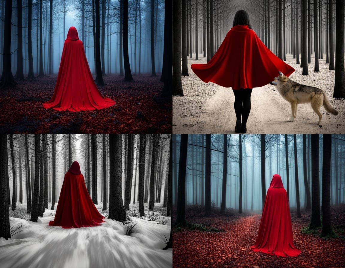 Red cape, wolf bites rear end of Lady creepy forest