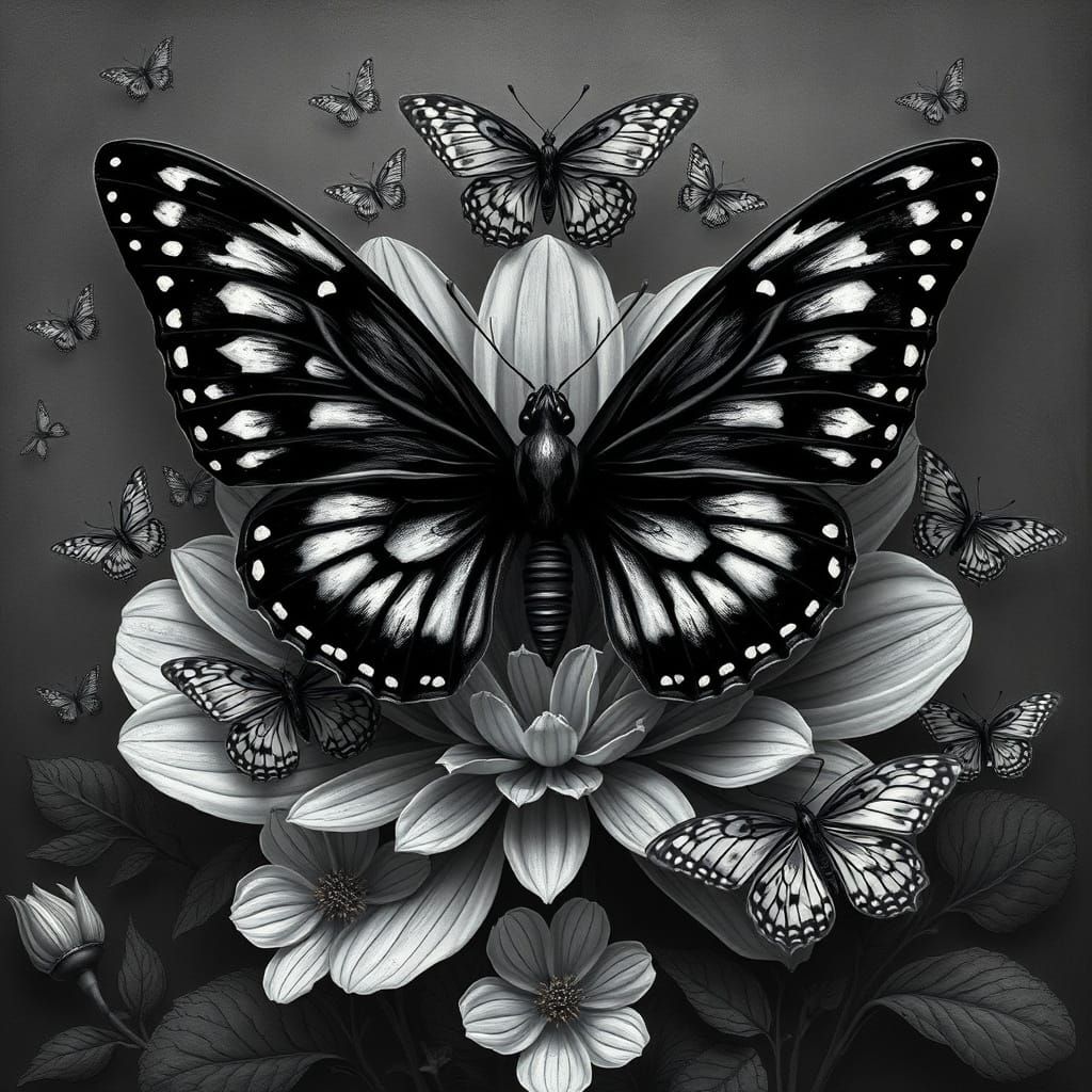 A captivating dark fantasy realistic image of an intricately detailed butterfly, prominently displayed in the center wit...
