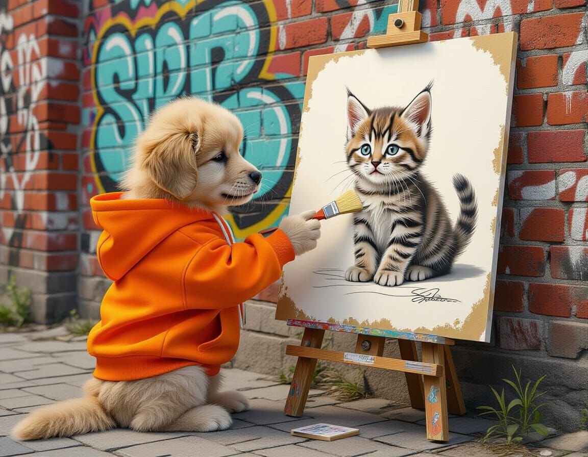 Puppy Draws Kitten Portrait on Graffiti Wall in Surreal Styl...