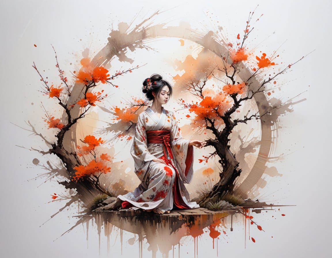 Geisha Meditating Under Sunset Blossom Tree in Watercolour