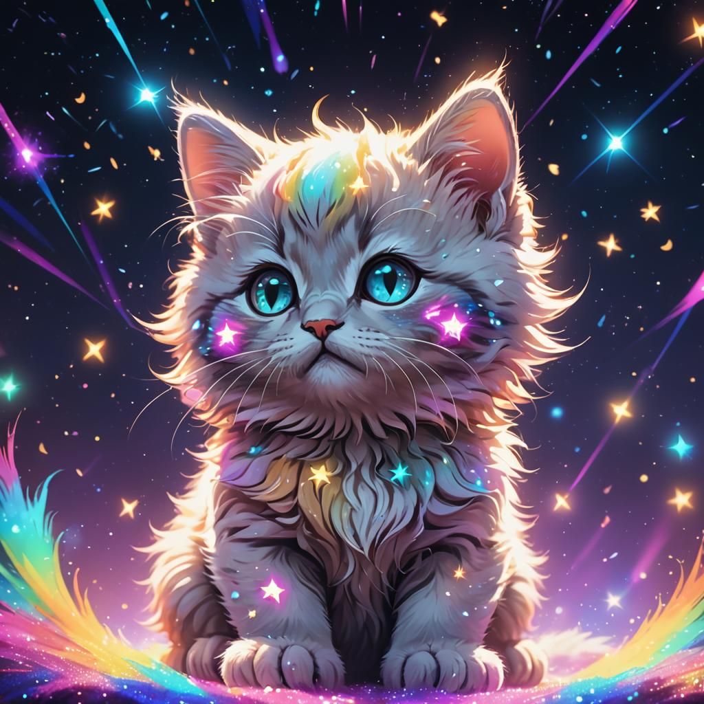 Celestial Glitter Kitten Portrait in Synthwave Style