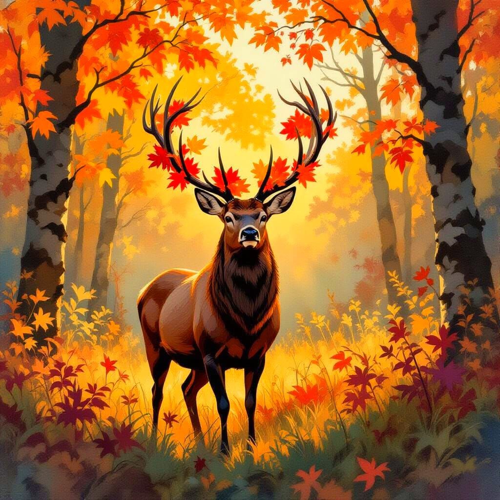 Majestic Stag in Sun-Dappled Forest, Expressive Watercolour ...