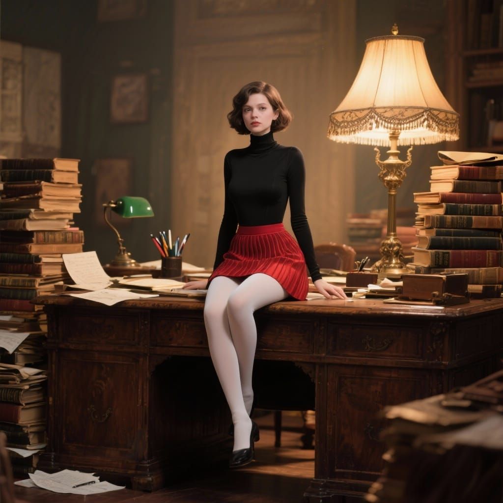 Tiny Woman on Giant Desk in Film Noir Style