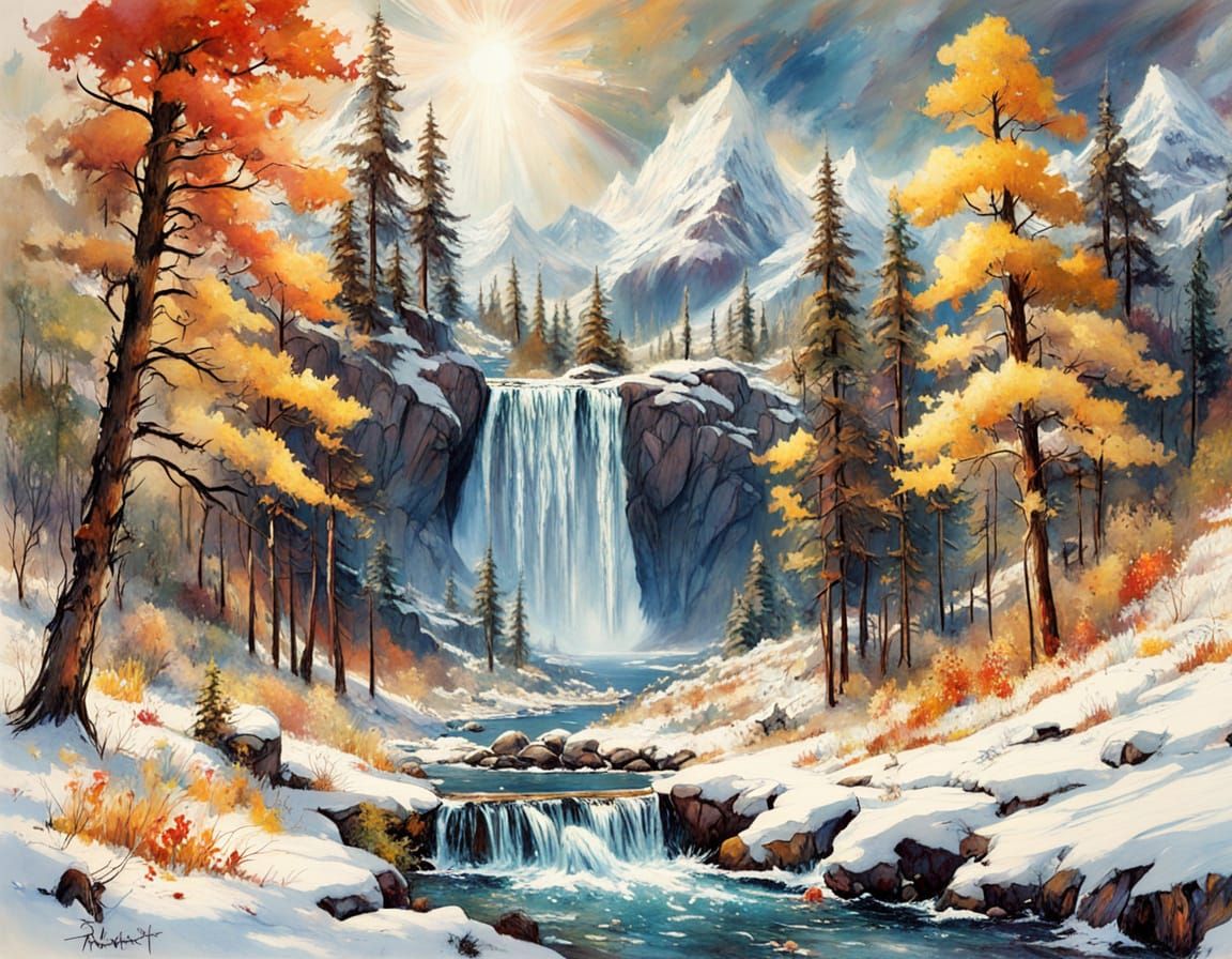Autumn Waterfall Amidst First Snow in Oil Painting Style