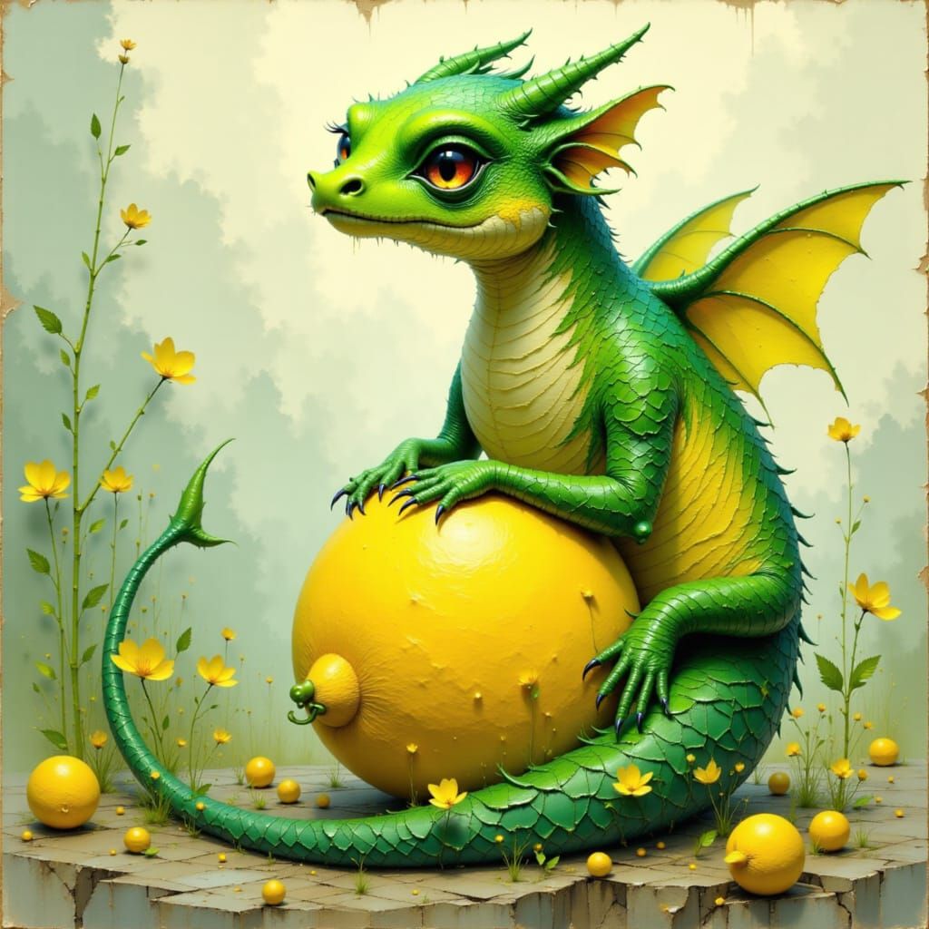 Dragon and Lemon Digital Art in Vibrant Hues