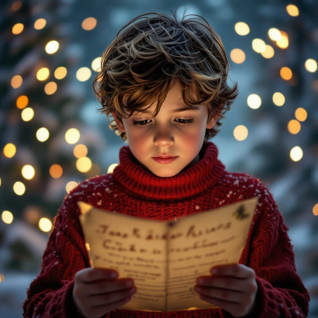 Boy Reads Old Santa Letter by Twinkling Lights