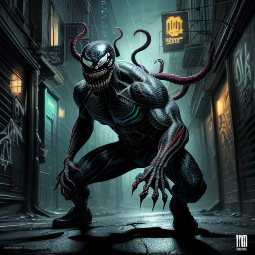 Venom's Grotesque Snarl in Gritty Alleyway