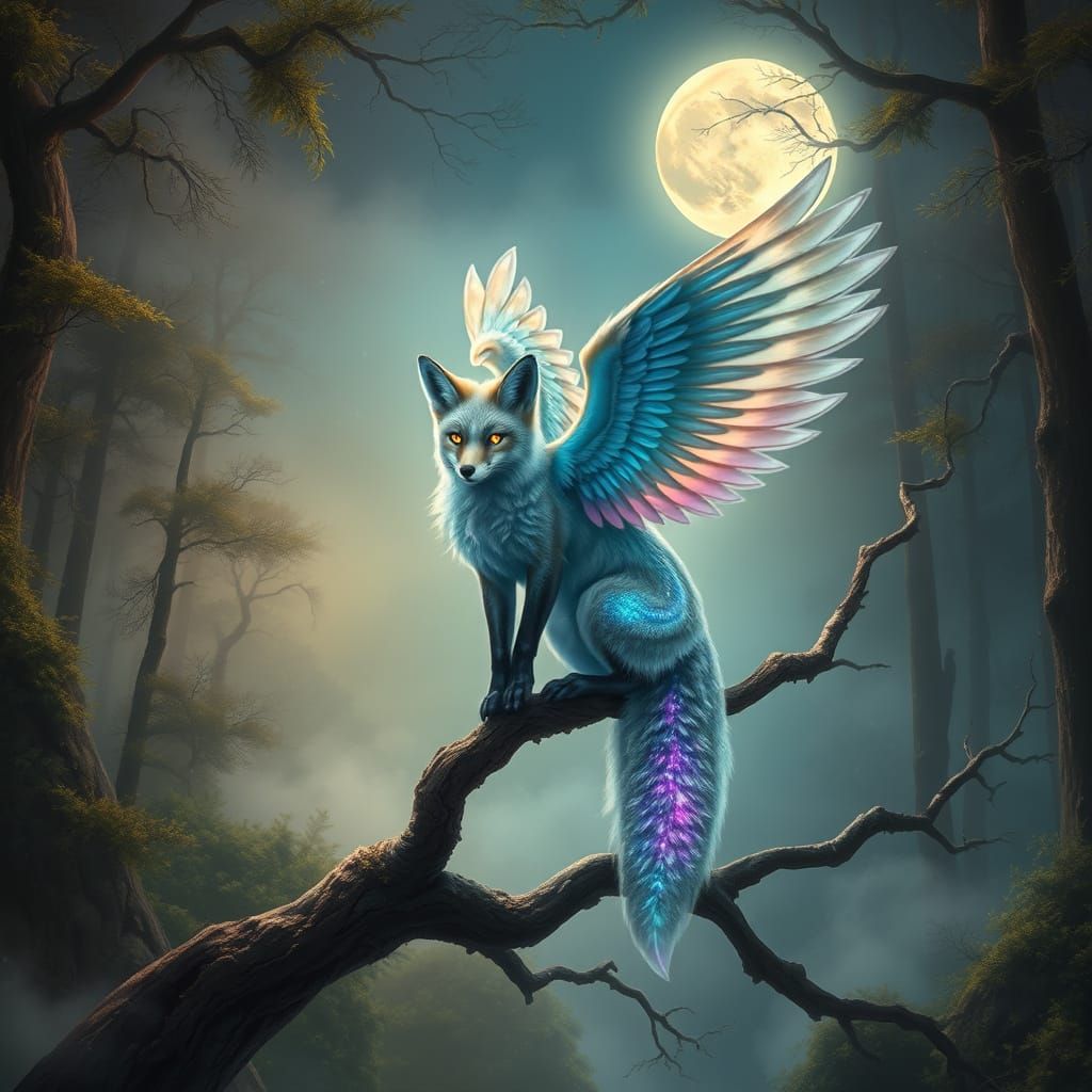 Bioluminescent Winged Fox in Mystical Forest