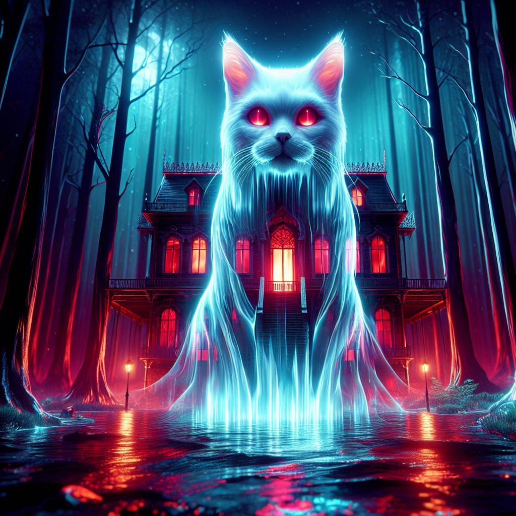 Ethereal Ghost Cat in Haunted House Concept Art