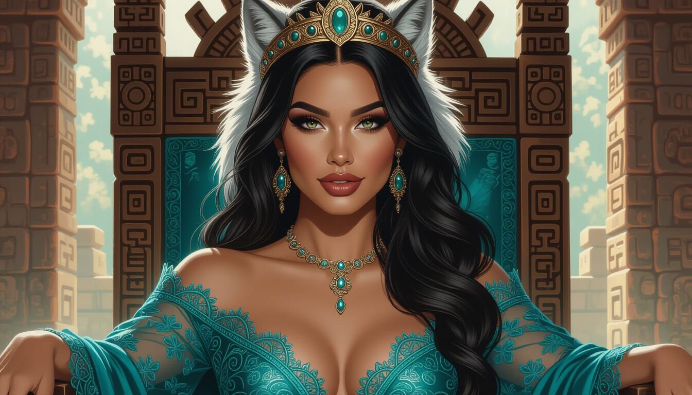 Latina Wolf Queen in Retro-Futuristic Mayan Throne Room