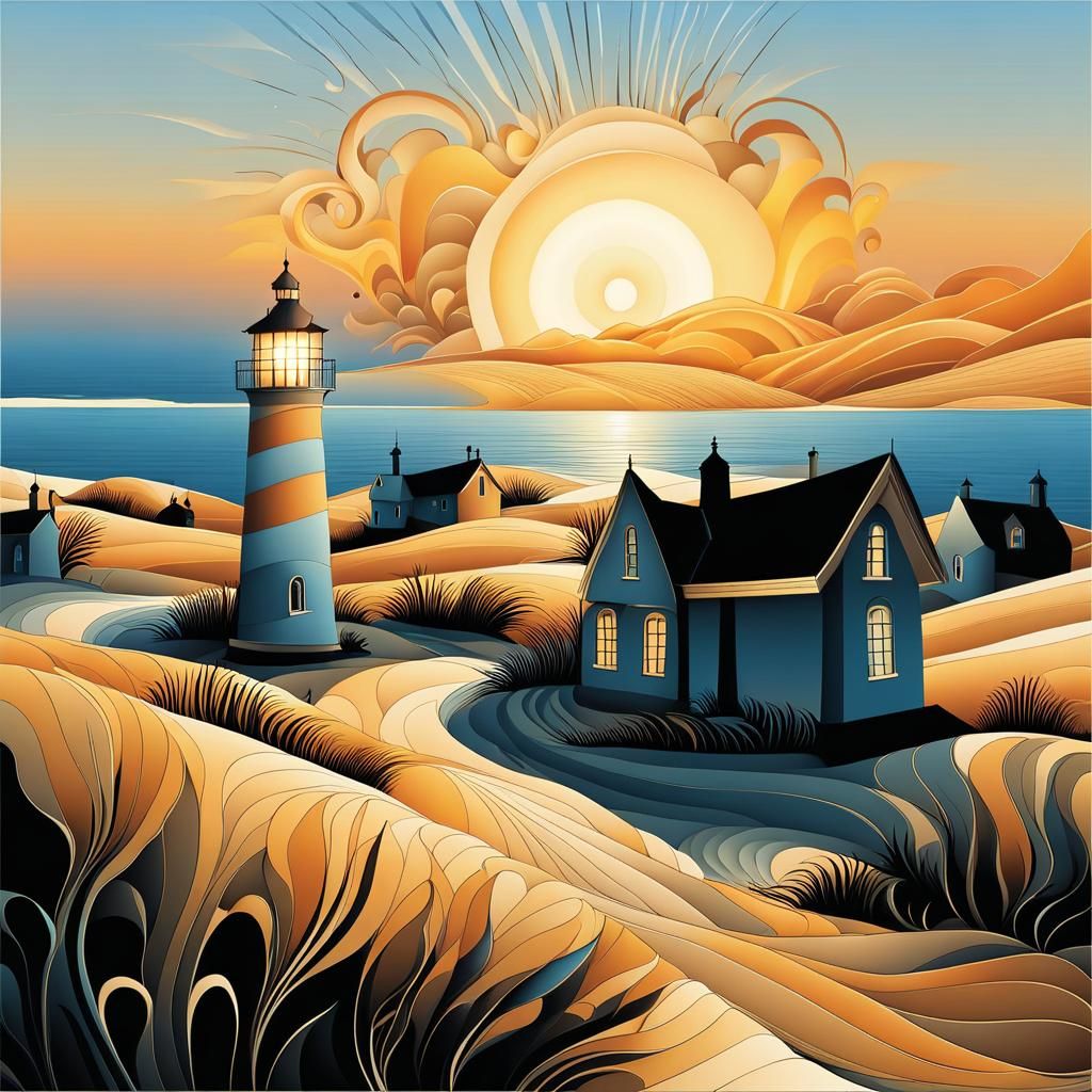 Sunset Seaside Lighthouse in Surrealist Style