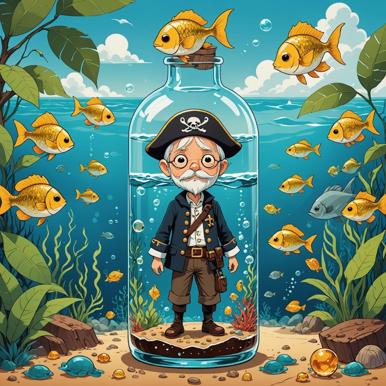 Whimsical Pirate Ship in Golden Ocean Bottle
