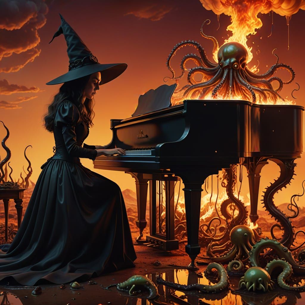 Surreal Witch with Burning Piano in Dali Style