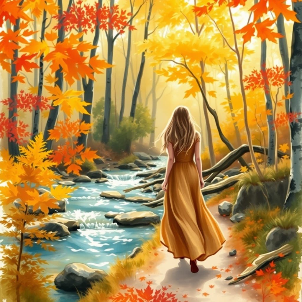 A sparkling stream flows through a dreamy autumn forest. Wat...