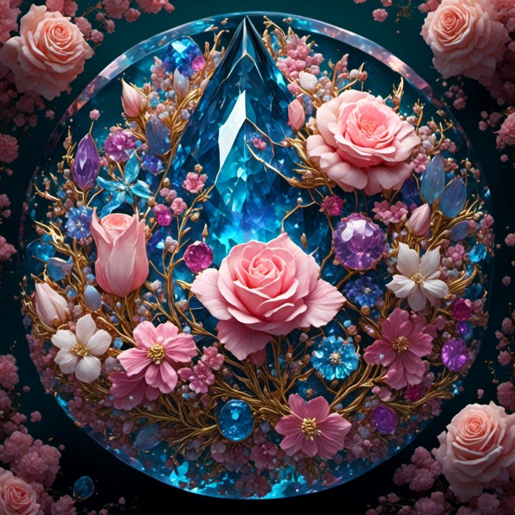 Hyperreal Roses, Wildflowers, and Gemstone Pattern