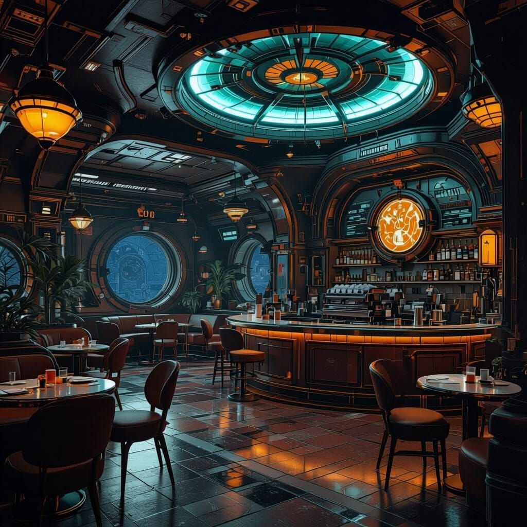 Retro Futuristic French Coffee Shop in Space Station