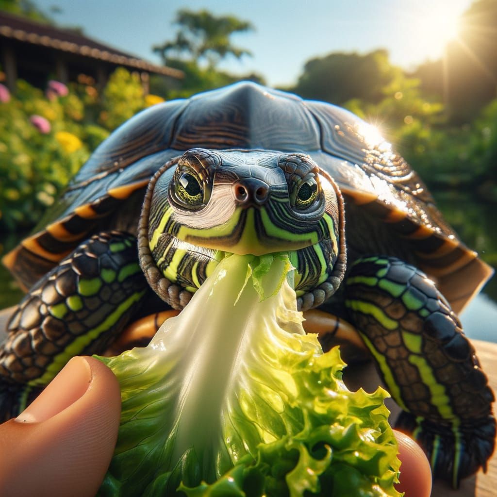 Turtle Savoring Fresh Lettuce in a Sunny Garden