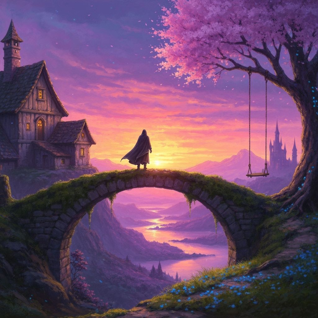 Cloaked Man on Mossy Bridge at Magical Sunset Painting