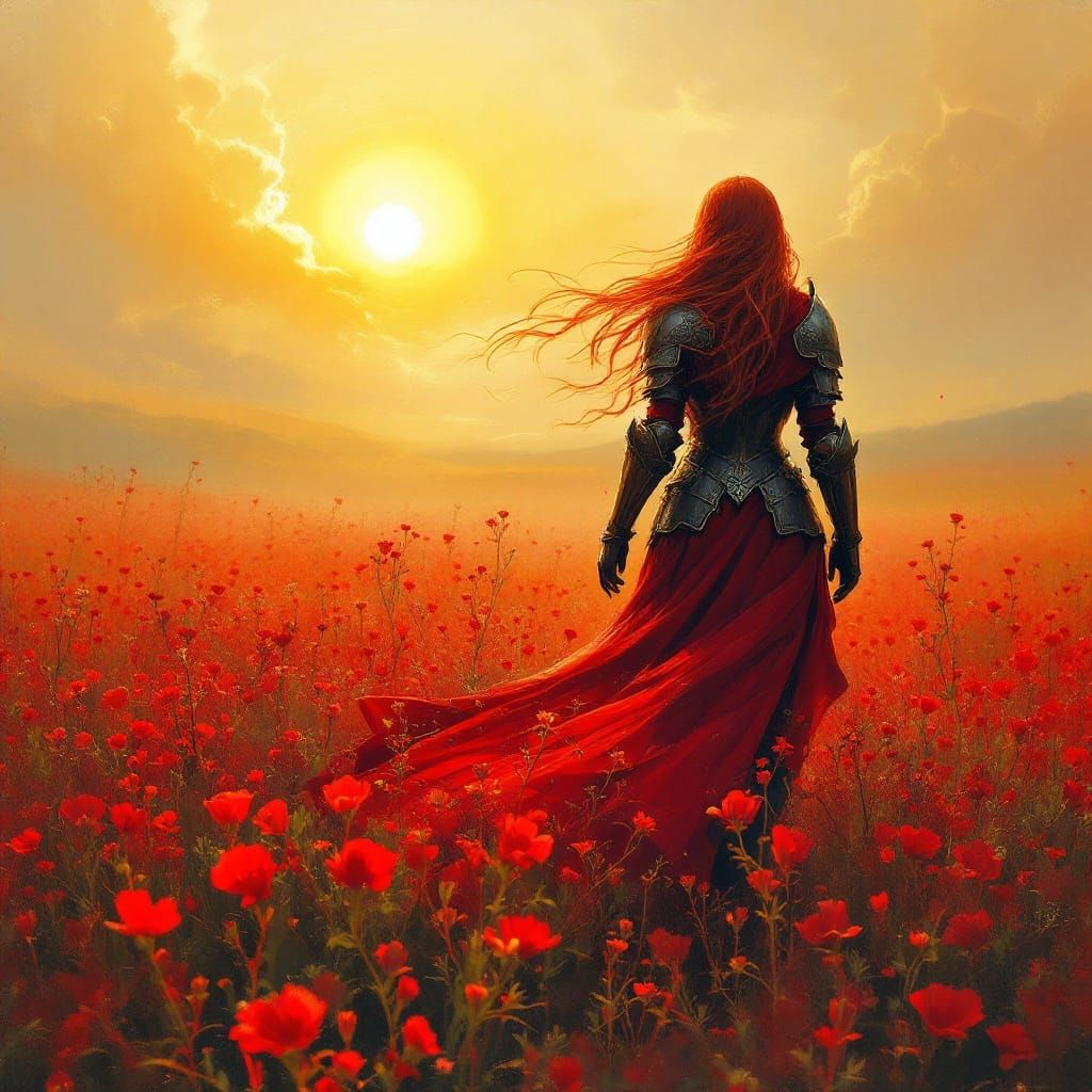 Knight Amidst Crimson Wildflowers in Golden Sunrise