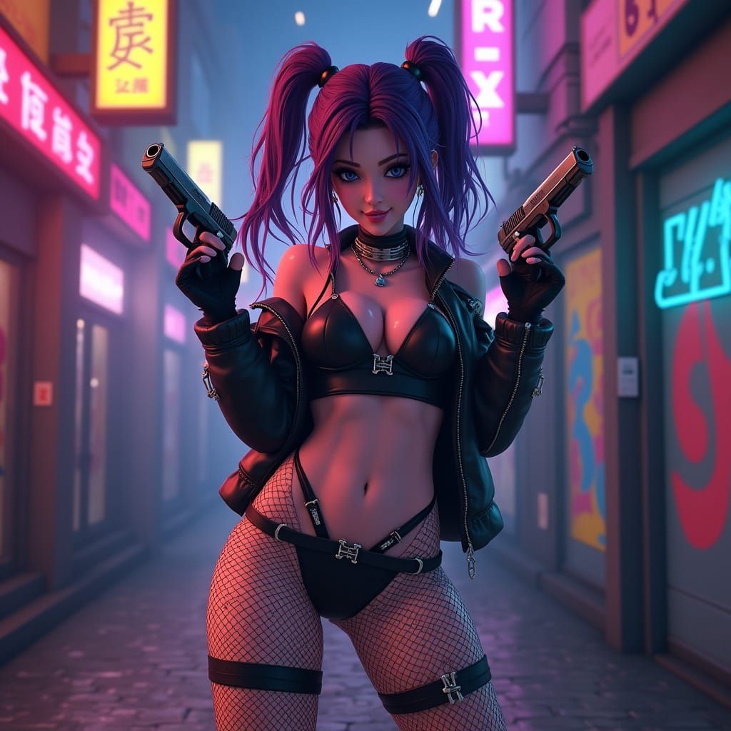 Jinx in Neon Alleyway, 3D Anime Art