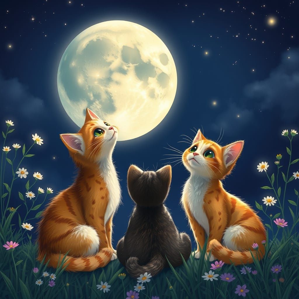 Pixar Style: Kittens Watching the Moon
