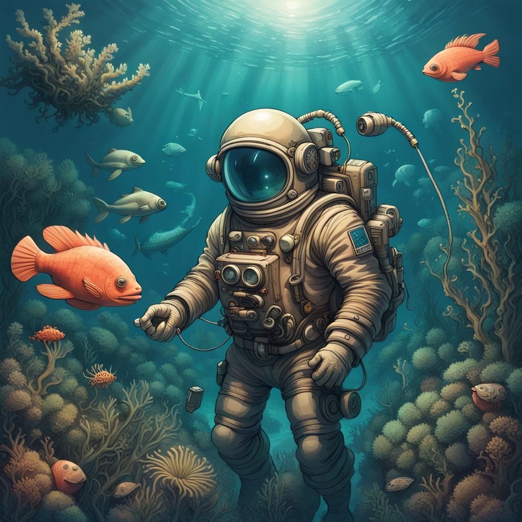 Steampunk Astronaut Explores Underwater Airplane Graveyard