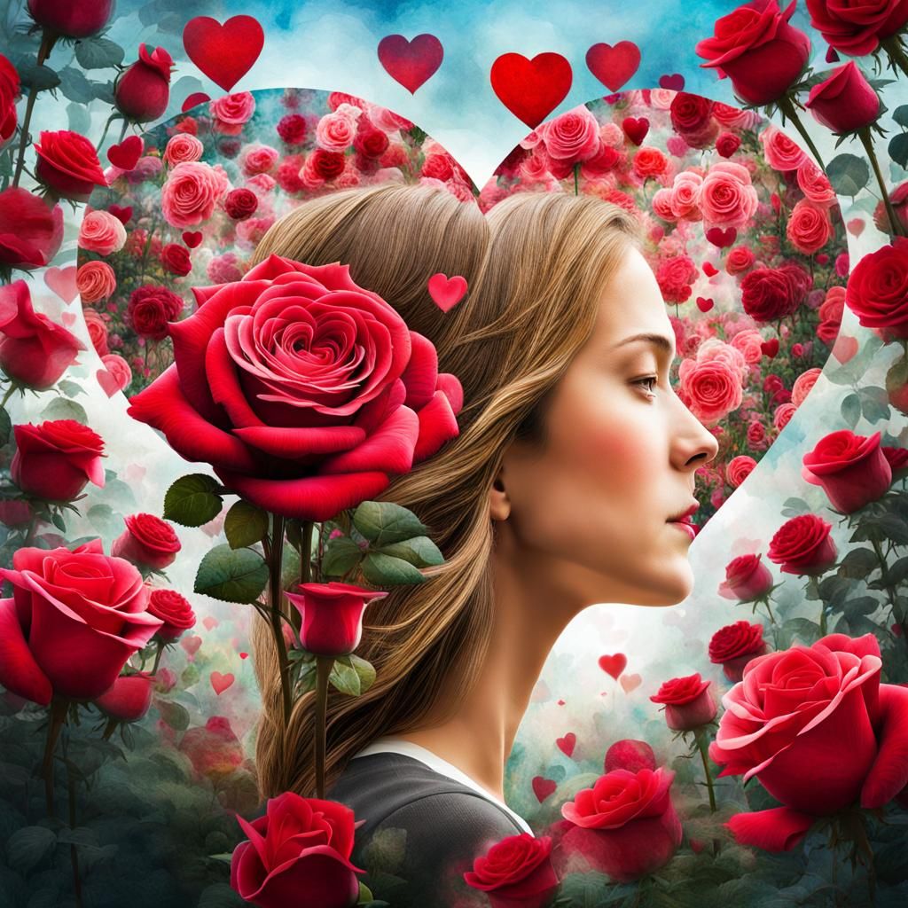 Heart-Shaped Rose Garden: Double Exposure Watercolour Art