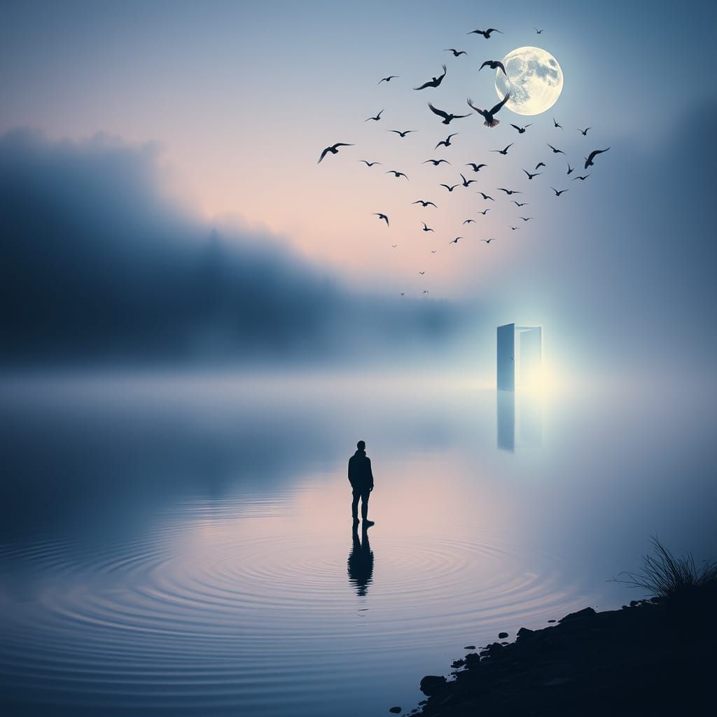 Surreal Dreamscape with Contemplative Figure at Twilight