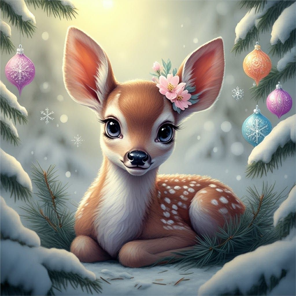 Pastel Winter Fawn in Airbrushed Oil Painting