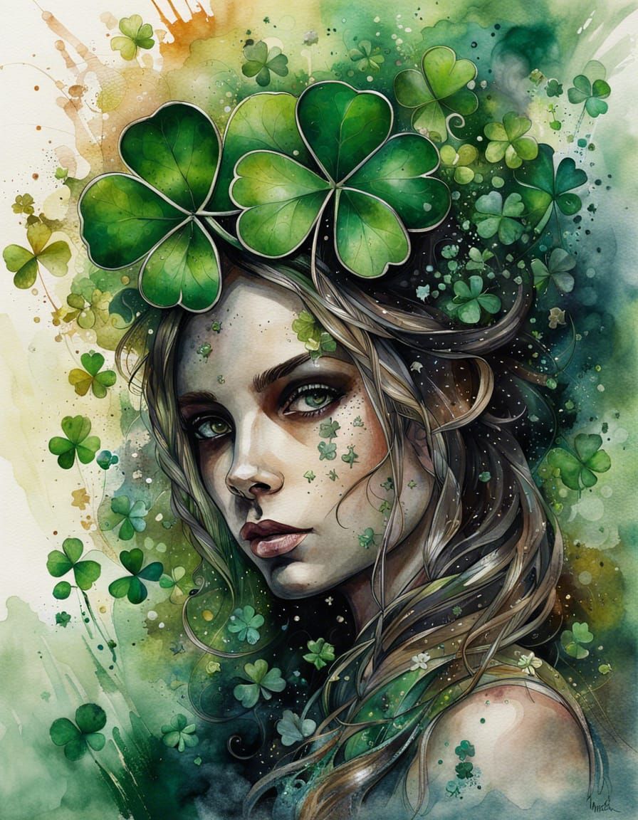 Lucky Four Leaf Clover Mixed Media Portrait