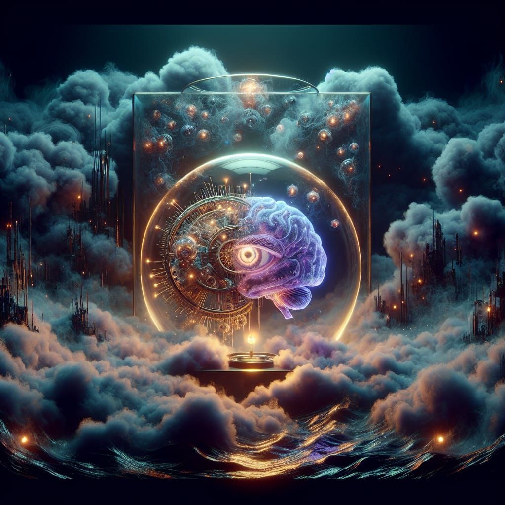 Surreal dark fantasy 3D illustration. Medium shot. A transpa...