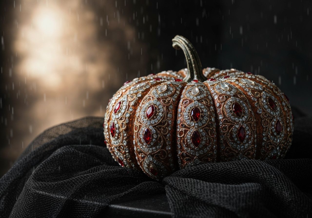 Ornate Gemstone Pumpkin in Dramatic Autumn Still Life