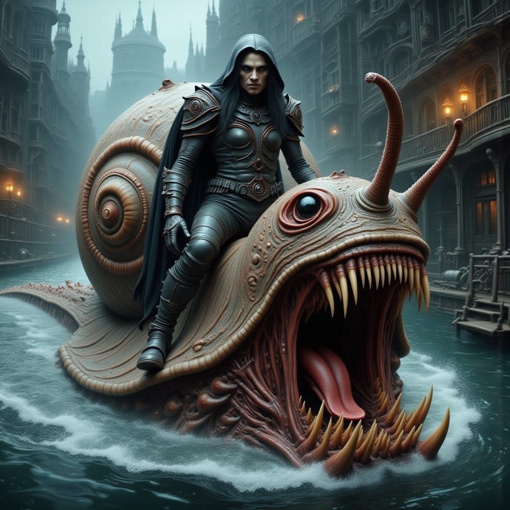 Dark Elf Rides Industrial Water Snail Through Mystical Metro...