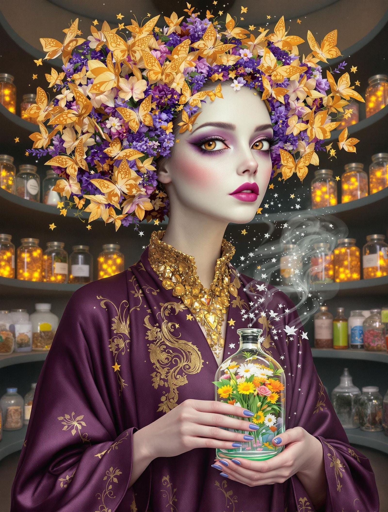 Surreal Woman Portrait with Flower Hair and Butterfly Wings