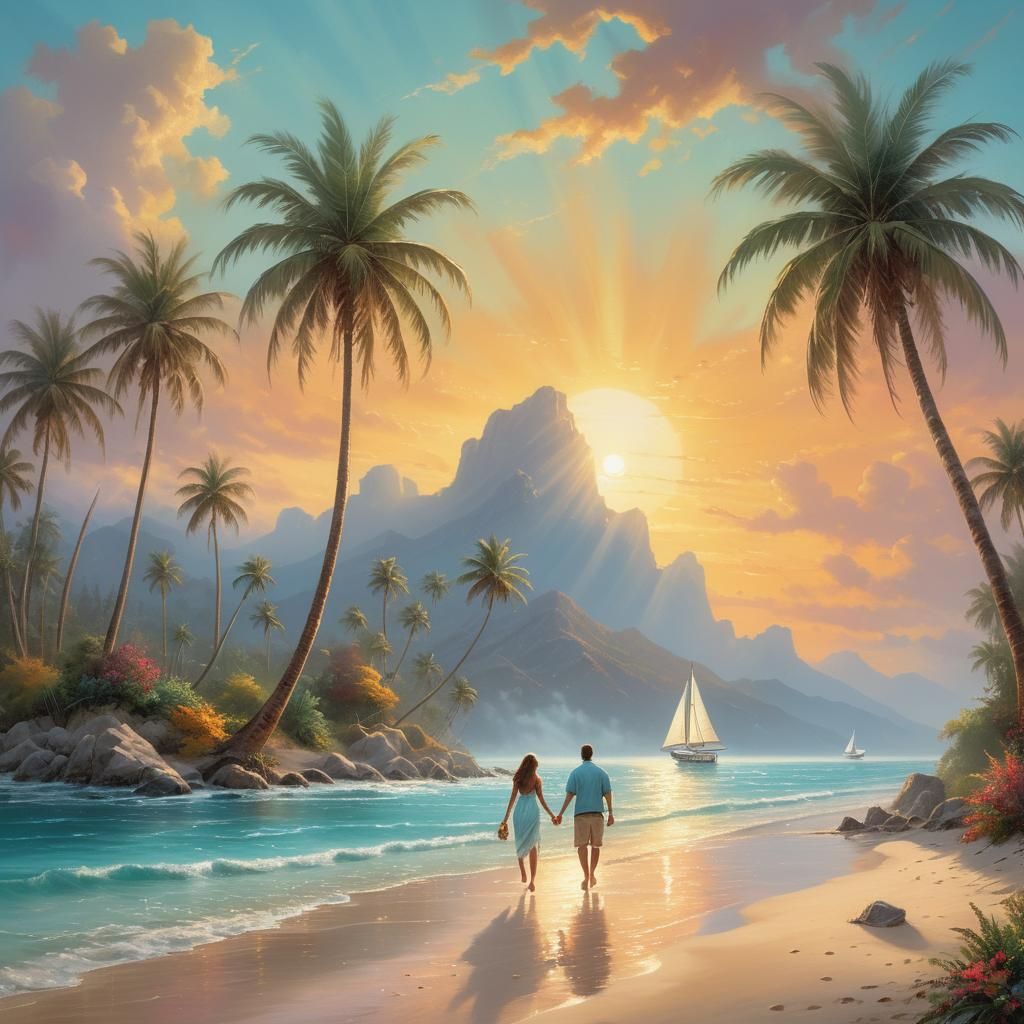 Romantic Beach Sunset in Fantasy Realism Style