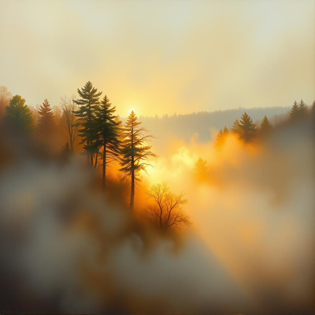 Golden Light Through Mist: Oil Painting Landscape