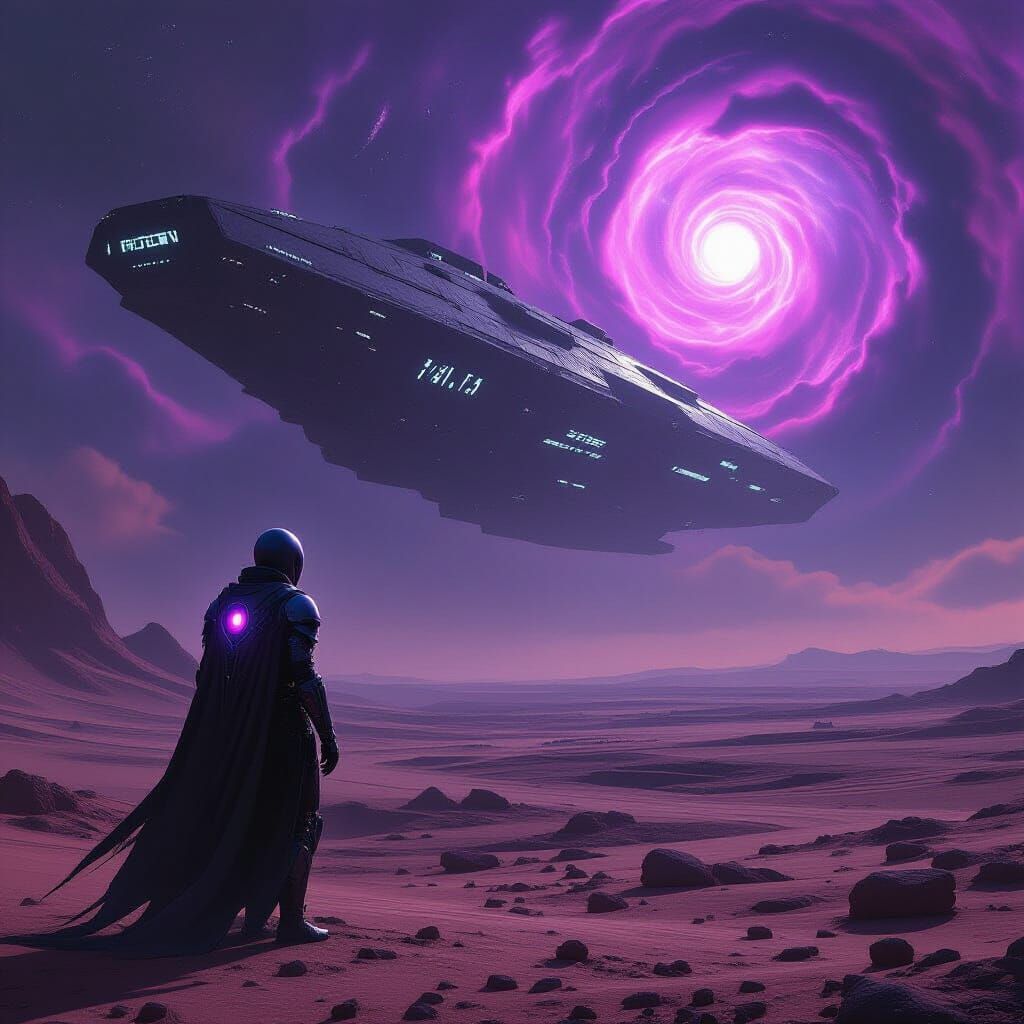 Cybernetic Demon Scans Desolate Planet Under Cosmic Sky