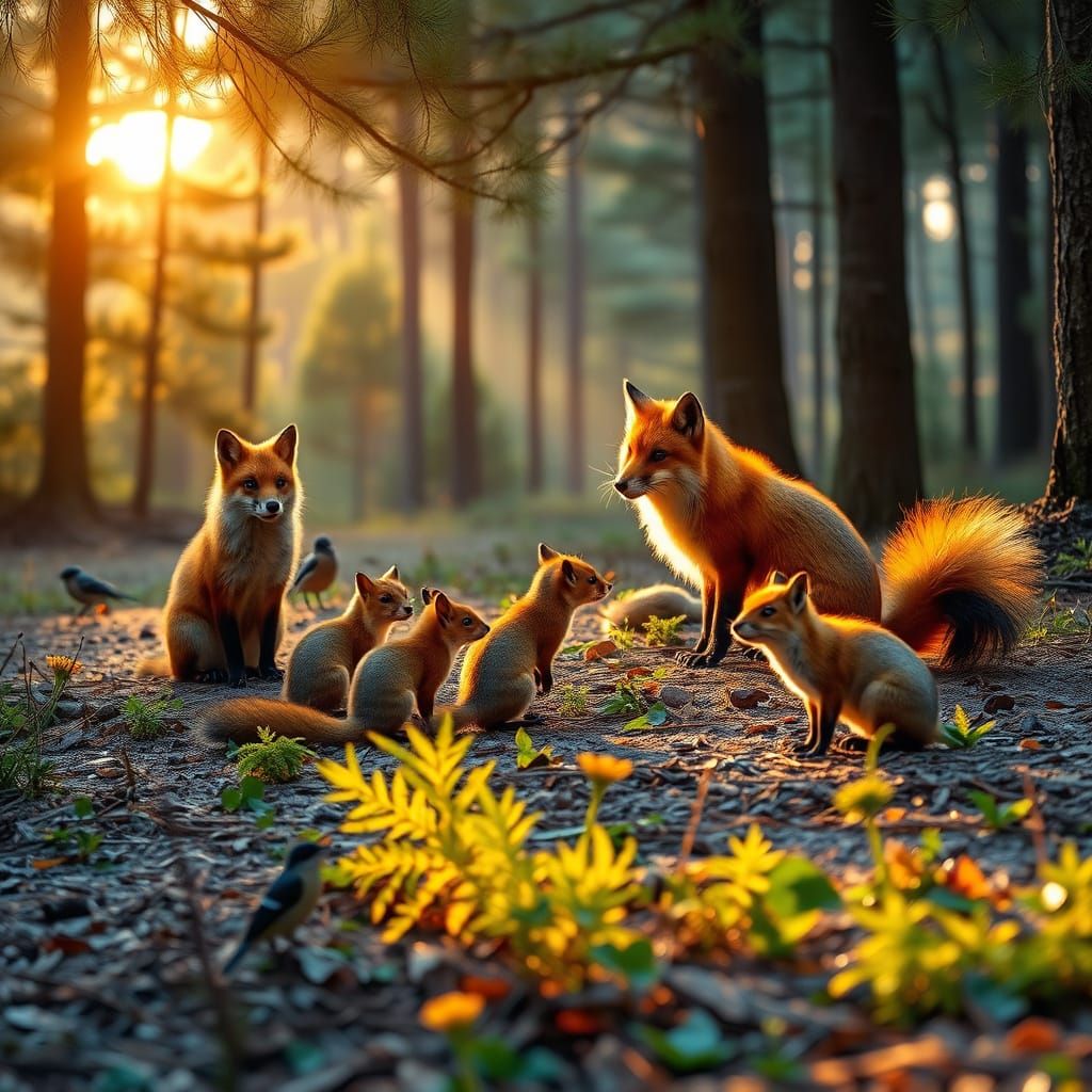 Serene Forest Scene with Foxes and Squirrels Dancing in Dawn...