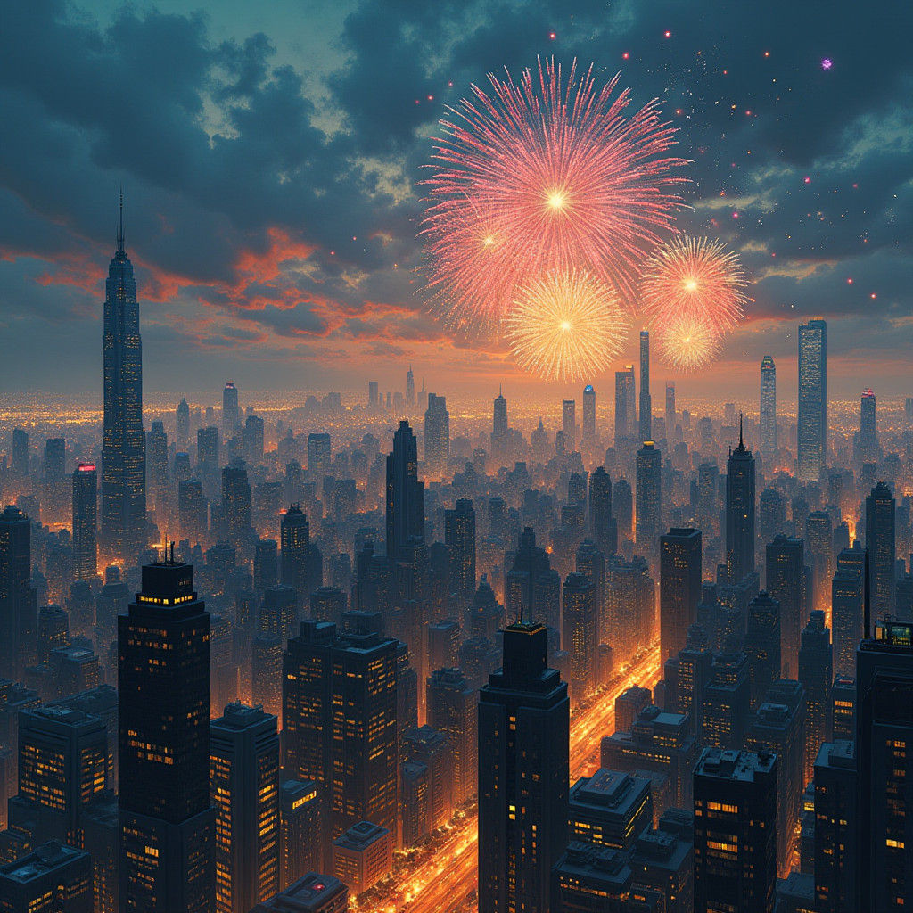 Metropolis Aglow: Fireworks Light Up Futuristic City