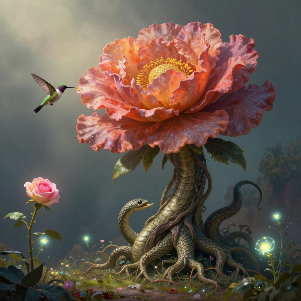 Ancient Rune-Carved Flower with Serpent Roots