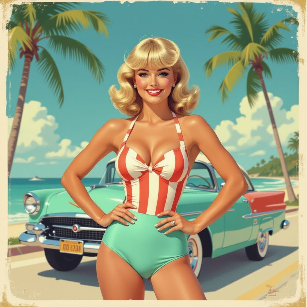 Glamorous Blonde in Retro Swimsuit: 1950s Editorial Illustra...