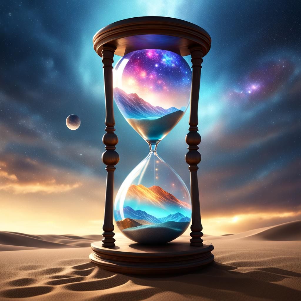 Hourglass Under Starry Sky with Approaching Sandstorm