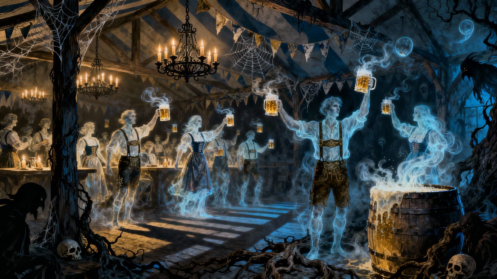 Haunted Oktoberfest with Ghostly Figures in Dark Fantasy Sty...