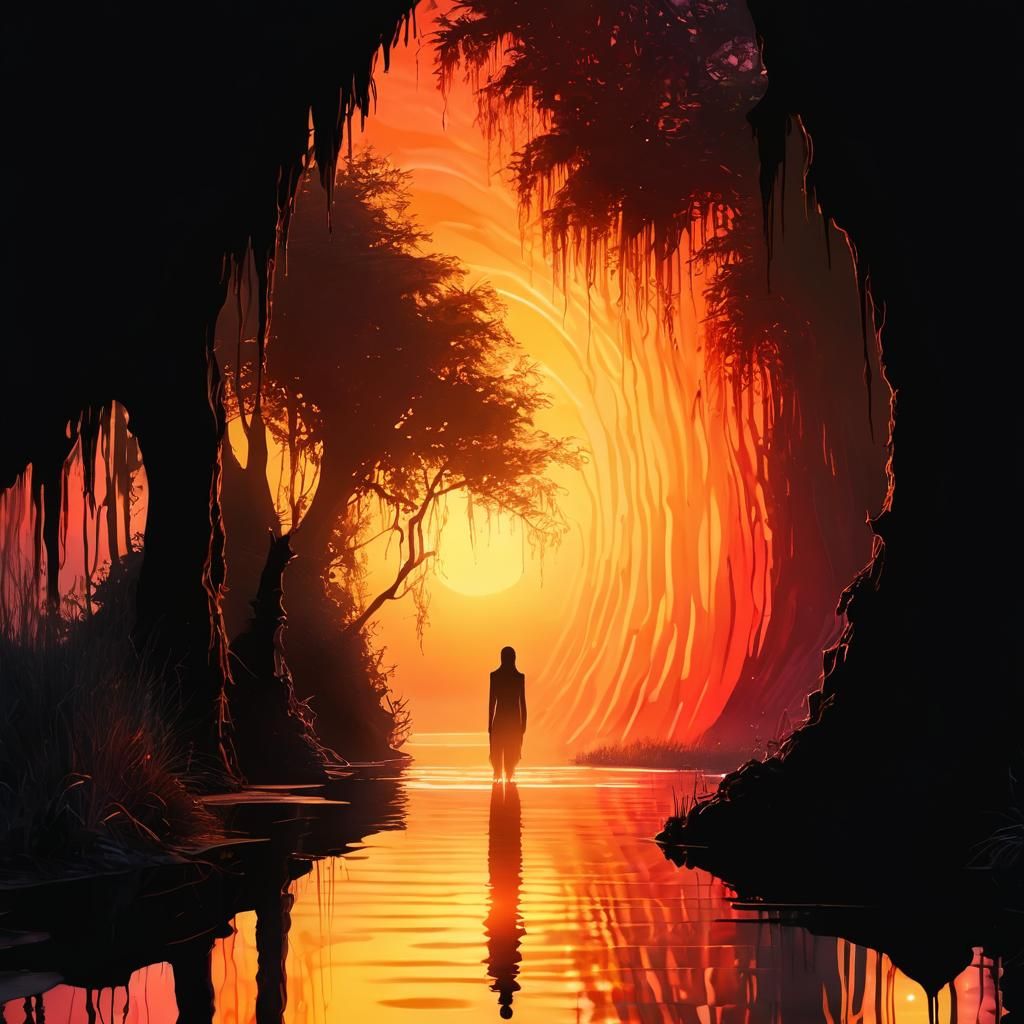 Mystical Figure at Dreamlike Lake: Surreal Oil Painting