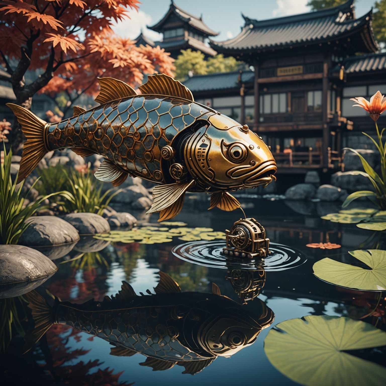 Steampunk Koi in Ukiyo-e Style