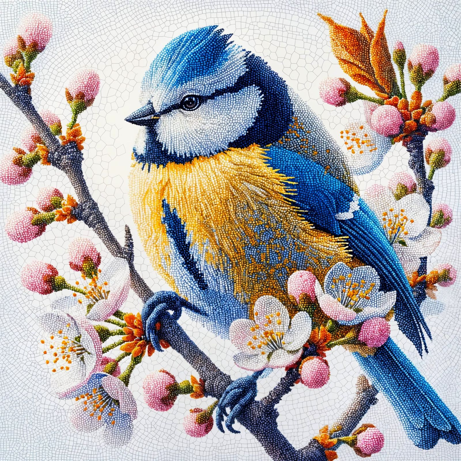 Pointillist Blue Tit on Cherry Blossom Branch