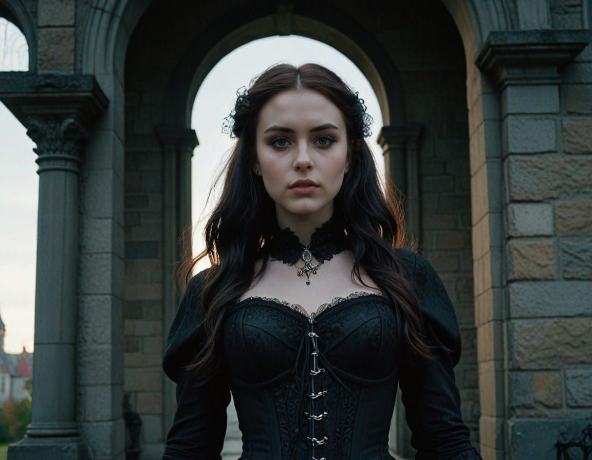 Elegant Gothic Princess in Shadowy Mansion