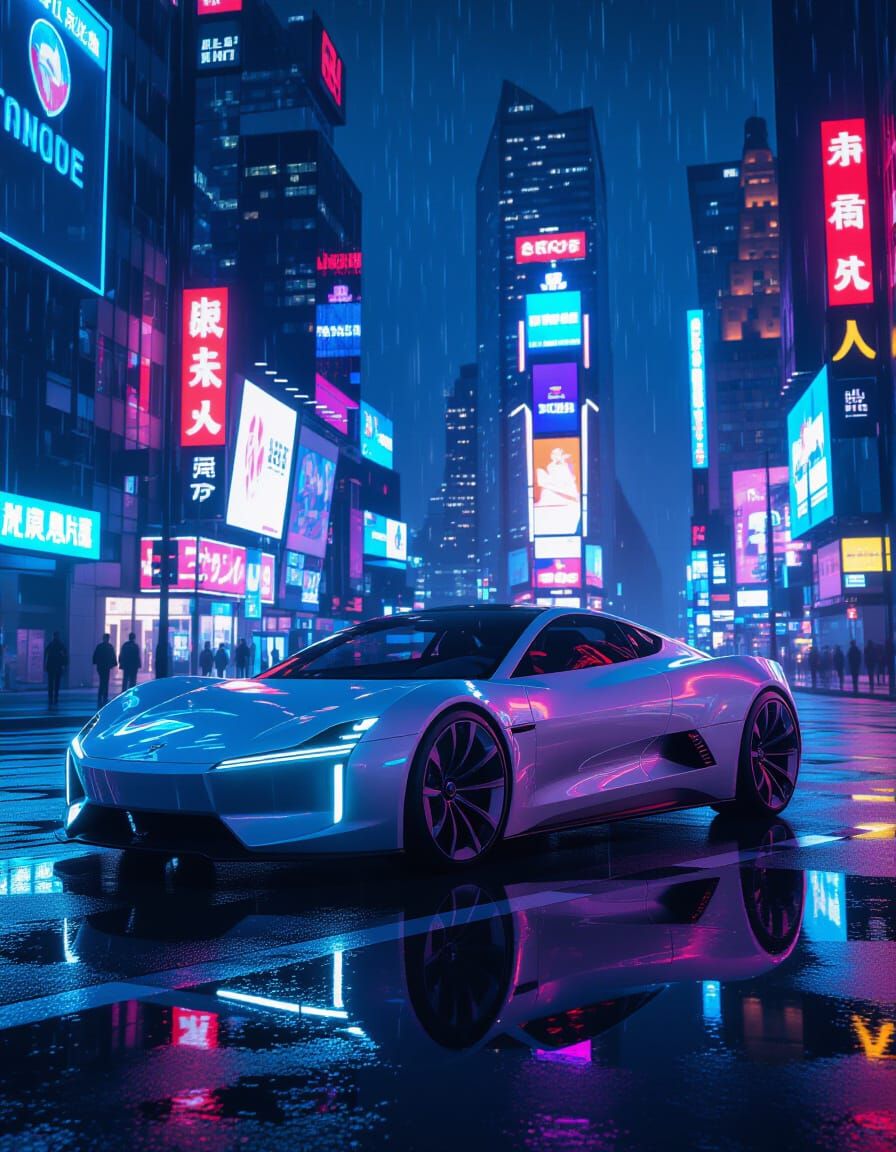 Futuristic Electric Car in Neon Cyberpunk Cityscape