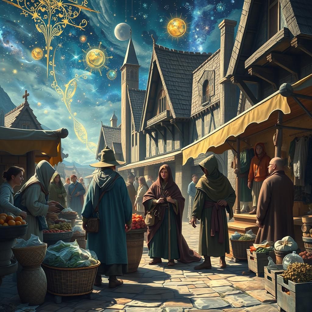 Medieval Village Market in Astral Cosmic Style